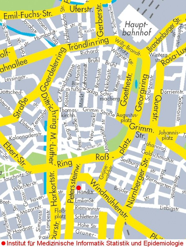 Stadtplan der Leipziger Innenstadt mit dem IMISE als östliche Seitenstraße des Peterssteinwegs, südlich des Matrin-Luther-Ringes