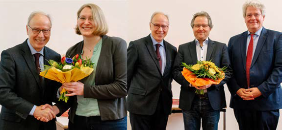 Linkes Foto: Dekan Prof. Christoph Josten beglückwünscht Dr. Janne Pott; Rechtes Foto: Preisträger PD Dr. Christoph Engel zusammen mit Dekan und Institutsdirektor Prof. Markus Löffler