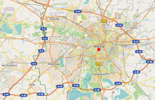 Übersichtskarte von Leipzig, auf der das IMISE unmittelbar südlich des Stadtzentrums gekennzeichnet ist.